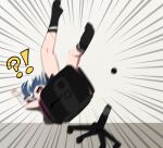  !? 1girl bandaged_arm bandages black_shorts black_socks blue_hair broken chair emphasis_lines failure grey_background hair_ornament highres ji-yoon_(jourd4n) jourd4n motion_blur office_chair original short_shorts shorts simple_background skull_hair_ornament socks solo swivel_chair 