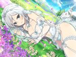  1girl blush bow breasts bridal_lingerie bridal_veil choker church cleavage cloud collarbone day falling_petals field flower flower_field grass green_eyes grey_hair hair_between_eyes highres large_breasts leotard lingerie long_hair looking_at_viewer official_alternate_costume official_art parted_lips petals purple_flower senkou_(senran_kagura) senran_kagura senran_kagura_new_link sky smile solo tree underwear veil white_choker white_flower yaegashi_nan 