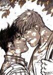  2boys autumn_leaves bad_id bad_tumblr_id bag bara black_hair blonde_hair collared_shirt couple cris_art forehead-to-forehead heads_together hulkling imminent_kiss long_sideburns male_focus marvel multiple_boys mustache_stubble noses_touching shirt short_hair shoulder_bag sideburns sideburns_stubble smile sparse_stubble spot_color thick_eyebrows tree tree_shade under_tree upper_body wiccan yaoi 