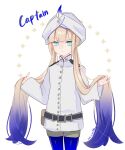  1boy belt belt_pouch blonde_hair blue_eyes blue_hair blue_pantyhose brown_shorts captain_nemo_(fate) character_name closed_mouth commentary_request cowboy_shot dated expressionless fate/grand_order fate_(series) gradient_hair hands_up hat_feather highres holding_own_hair jacket long_hair long_sleeves looking_at_viewer low_twintails macchoko male_focus multicolored_hair nemo_(fate) pantyhose pantyhose_under_shorts pouch short_shorts shorts shoulder_boards simple_background solo sparkle standing turban twintails very_long_hair white_background white_headwear white_jacket 