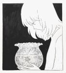  1girl black_background bowl from_side greyscale highres holding holding_bowl kgeroua medium_hair monochrome original profile solo water 