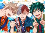  3boys artist_name bakugou_katsuki balloon birthday blonde_hair blue_necktie blue_shirt blue_vest boku_no_hero_academia brooch burn_scar chopsticks collared_shirt commentary_request confetti dated dated_commentary food freckles gem green_eyes green_hair green_ribbon green_shirt hair_between_eyes hand_up hands_up happy_birthday highres holding holding_chopsticks index_finger_raised jewelry looking_at_viewer male_focus midoriya_izuku multicolored_hair multiple_boys neck_ribbon necktie noodles open_mouth parted_bangs pointing red_eyes red_gemstone red_hair red_shirt ribbon round_teeth salt_-_siomsb sash scar scar_on_face shirt short_hair shoulder_sash signature simple_background spiked_hair split-color_hair striped striped_necktie suspenders teeth todoroki_shouto tongue two-tone_hair upper_body v-shaped_eyebrows vest white_background white_hair wing_collar 