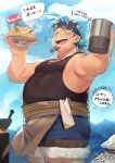  1boy armpit_hair bara belly blue_hair braid cup facial_hair fai_(fai-storage) food goatee grey_hair headband highres holding holding_cup holding_food live_a_hero male_focus medium_hair nipple_slip nipples one_eye_closed scar scar_on_face shorts sideburns_stubble singlet thick_arms yuhang_(live_a_hero) 