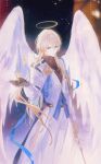  1boy angel angel_wings black_gloves black_shirt blonde_hair blue_vest blurry blurry_background brooch closed_mouth coat constellation feet_out_of_frame gloves green_eyes hair_between_eyes halo hand_up highres holding holding_star holding_sword holding_weapon honkai:_star_rail honkai_(series) jewelry light_particles long_hair long_sleeves looking_at_viewer luocha_(honkai:_star_rail) male_focus pants puppy_quantum shirt smile solo standing star_(symbol) sword vest weapon white_coat white_pants white_wings wings 