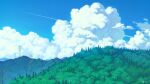  aircraft airplane blue_sky cloud cloudy_sky forest highres midorikawa0526 mountain mountainous_horizon nature no_humans original pine_tree power_lines scenery sky transmission_tower tree 