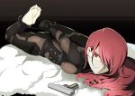  1girl barefoot bdsm black_bodysuit bodysuit bondage bound bound_arms bound_legs cloth_gag commission full_body gag gagged gun highres improvised_gag kirijou_mitsuru long_hair lying one_eye_covered over_the_nose_gag persona persona_3 red_eyes red_hair sharpffffff solo wavy_hair weapon 