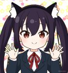  1girl animal_ear_fluff animal_ears black_hair blazer blue_jacket brown_eyes cat_ears closed_mouth collared_shirt commentary fake_animal_ears hair_between_eyes hands_up jacket k-on! long_hair long_sleeves looking_at_viewer mitya nakano_azusa neck_ribbon red_ribbon ribbon sakuragaoka_high_school_uniform school_uniform shirt smile solo twintails twitter_username upper_body white_shirt 