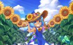  1girl blue_bow blue_dress blue_eyes blue_hair blue_sky bow bowtie brown_headwear cirno cloud collar collared_dress colored_eyelashes dress fairy fairy_wings field flower flower_brooch flower_field game_cg hands_on_headwear hat hat_bow hat_flower ice ice_wings leaf looking_at_viewer merengue_samurai official_art open_mouth outdoors plant purple_flower red_bow red_bowtie red_flower short_dress short_hair sky sleeveless sleeveless_dress smile solo summer sun_hat sunflower sunflower_field sunlight tan tanned_cirno teeth touhou touhou_cannonball triangle_print v-shaped_eyebrows vines white_collar white_flower white_trim wings yellow_flower 