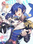  &gt;_&lt; 25-ji_kaito 25-ji_nightcord_de._(project_sekai) 2boys :d animal_ears bird blue_eyes blue_hair blue_nails chick closed_eyes collared_shirt commentary confetti crossed_arms crossed_legs dark_blue_hair dated double-parted_bangs dual_persona easter_egg egg epaulettes fingernails glasses highres jewelry kaito_(vocaloid) kazemi_arashi long_sleeves male_focus mini_person miniboy multiple_boys necklace open_mouth project_sekai rabbit rabbit_boy rabbit_ears ring_necklace shirt short_hair smile upper_body vocaloid wonderlands_x_showtime_(project_sekai) wonderlands_x_showtime_kaito 