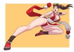  1girl absurdres arm_guards bare_shoulders breasts brown_eyes brown_hair cirenk cleavage commission fatal_fury full_body high_ponytail highres japanese_clothes large_breasts long_hair looking_at_viewer ninja pelvic_curtain ponytail revealing_clothes rope shiranui_mai sideboob simple_background solo the_king_of_fighters thighs 