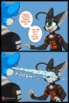  2_panel_comic anthro black_body black_fur blue_background bodily_fluids canid canine cheek_tuft choker clenched_teeth clothing dialogue domestic_cat duo english_text facial_tuft fangs felid feline felis fennec fox fur grey_body grey_fur hi_res hoodie humor hybrid jay-r jay-r_(character) jewelry male mammal necklace open_mouth open_smile page_(jay-r) shirt simple_background smile speech_bubble t-shirt tears teeth text topwear tuft wide_eyed 