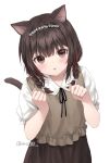  1girl :o animal_ears anz32 black_ribbon black_skirt blush braid brown_eyes brown_hair brown_vest cat_ears cat_girl cat_tail collared_shirt commentary_request flower hair_over_shoulder hands_up long_hair looking_at_viewer neck_ribbon original parted_lips puffy_short_sleeves puffy_sleeves ribbon shirt short_sleeves simple_background skirt solo tail twin_braids twitter_username vest white_background white_flower white_shirt 