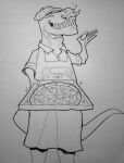  2023 anthro apron black_and_white claws clothing dinosaur dress_shirt facial_hair fingers food gesture hat headgear headwear hi_res long_tail male moe_(snoot_game) monochrome mustache ok_sign pizza reptile scalie sharp_teeth shirt sketch smile snoot_game_(fan_game) solo tail teeth theropod topwear tyrannosaurid tyrannosaurus tyrannosaurus_rex unknown_artist 