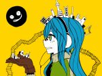 1girl blue_hair brown_gloves building city crazy_eyes facial_mark gloves hatsune_miku headphones jacket leather leather_gloves long_hair matryoshka_(vocaloid) multicolored_eyes noppeziru skyscraper smiley_face solo teeth twintails utility_pole vocaloid yellow_background yellow_eyes zipper 