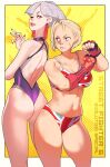 2girls a.k.i._(street_fighter) ass back-to-back bare_legs bikini blonde_hair border breasts cammy_white cleavage commentary copyright_name earrings english_commentary fingerless_gloves fingernails gloves grey_hair highres jewelry long_fingernails looking_at_another looking_back mole mole_under_mouth multiple_girls navel norasuko official_art one-piece_swimsuit outside_border purple_nails red_lips scale_print scar scar_on_cheek scar_on_face second-party_source short_hair single_vambrace smile standing stomach street_fighter street_fighter_6 swimsuit tassel tassel_earrings thighs udon_entertainment union_jack_bikini union_jack_print vambraces white_border yellow_background 