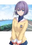 1girl blue_eyes blue_sky building bush character_request city clannad cloud cloudy_sky cross_(crossryou) fence highres hikarizaka_private_high_school_uniform looking_at_viewer medium_hair purple_hair river road school_uniform sky smile solo street white_background 