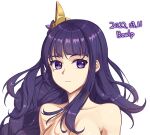  1girl artist_name blunt_bangs bowlp breasts collarbone commentary_request dated genshin_impact hair_ornament long_hair looking_at_viewer mole mole_under_eye nude portrait purple_eyes purple_hair raiden_shogun signature simple_background solo very_long_hair white_background 