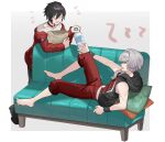  2boys absurdres barefoot black_hair bottle choker closed_eyes couch glasses grey_hair hayama_eishi highres hood hoodie idolmaster idolmaster_side-m iseya_shiki kizaki_ren long_hair low_ponytail lying male_focus multiple_boys on_back reaching short_hair simple_background sleeveless sleeveless_hoodie smile water_bottle wristband yellow_eyes 