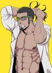 1boy abs arm_hair artist_name bara black_hair coat facial_hair goatee hair_tie hair_tie_in_mouth lab_coat looking_at_viewer mouth_hold pectorals pokemon pokemon_(game) pokemon_sm pokemon_usum sideburns signature suyohara topless_male tying_hair yellow_background 