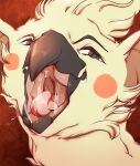  ambiguous_gender anthro avian beak bodily_fluids facial_markings head_markings hi_res lionfloof looking_at_viewer markings mouth_shot narrowed_eyes open_mouth red_markings red_tongue saliva saliva_string simple_background solo tongue yellow_body 
