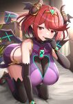  absurdres bare_shoulders breasts demon_horns elbow_gloves gloves gonzarez halloween highres horns indoors large_breasts looking_at_viewer on_bed pyra_(xenoblade) red_eyes red_hair smile swept_bangs tiara xenoblade_chronicles_(series) xenoblade_chronicles_2 