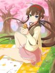  1girl ahoge ass bee_print blanket blue_eyes blue_sky blush branch brown_hair brown_vest candy candy_wrapper cherry_blossoms cherry_tree day falling_petals flat_chest floral_print food frilled_skirt frills grass green_eyes grin hair_ribbon hairband heterochromia highres holding holding_candy holding_food holding_lollipop lollipop long_hair long_sleeves looking_at_viewer low_twintails miniskirt official_art outdoors petals pink_skirt red_hairband ribbon ryoubi_(senran_kagura) senran_kagura senran_kagura_new_wave shiny_skin shirt sitting skirt sky smile solo sweets teeth thighs tree twintails very_long_hair vest yaegashi_nan yellow_shirt 