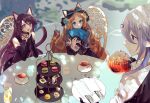  3girls animal_ear_fluff animal_ears arknights black_bow black_dress black_gloves blue_eyes blue_nails blurry blurry_background bow brown_hair chair character_request collarbone cup depth_of_field dress drinking_glass elbow_gloves folding_fan food fork gloves grey_hair hair_bow hand_fan holding holding_fan holding_plate holding_teapot iwashi_80 knife long_sleeves macaron melantha_(arknights) multiple_girls nail_polish on_chair parted_bangs partially_fingerless_gloves pink_eyes plate pointy_ears purple_eyes purple_hair saucer sleeves_past_wrists steepled_fingers table tail tea teacup teapot tiered_tray 