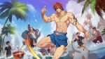  1boy abs animal armband bara bracelet cloud day elephant extra faceless faceless_female faceless_male gyee highres jewelry kovit_chaiyarit large_pectorals male_focus mazjojo muscular muscular_male navel nipples official_alternate_costume official_art outdoors pectorals red_hair short_hair sky smile teeth thick_thighs thighs water 