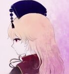  1girl black_dress black_headwear blonde_hair chinese_clothes closed_mouth dress gradient_background hair_between_eyes hat junko_(touhou) long_hair long_sleeves looking_to_the_side neck_ribbon phoenix_crown pink_background pom_pom_(clothes) red_eyes red_tabard rei_(tonbo0430) ribbon simple_background solo tabard tassel touhou upper_body white_background yellow_ribbon 