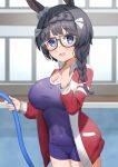  1girl animal_ears black_hair blue_eyes blurry blurry_background blush braid breasts cleavage collarbone cowboy_shot crown_braid ear_ribbon factory314 hair_over_shoulder highres horse_ears horse_girl hose jacket large_breasts long_hair long_sleeves looking_at_viewer navel one-piece_swimsuit open_mouth pool school_swimsuit side_braid smile solo swimsuit taut_clothes taut_swimsuit umamusume zenno_rob_roy_(umamusume) 