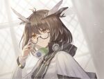  1girl adjusting_eyewear arknights armband brown_eyes brown_hair closed_mouth coat feather_hair glasses short_hair silence_(arknights) smile solo teeth touchika upper_body white_coat 