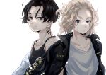  2boys black_eyes black_hair black_jacket black_tank_top blonde_hair character_request closed_mouth highres jacket multiple_boys neck_tattoo r1014-chopper sano_manjirou shirt short_hair sideways_glance t-shirt tank_top tattoo tokyo_revengers white_background white_shirt 