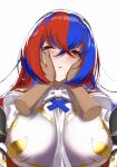  1girl alear_(female)_(fire_emblem) alear_(fire_emblem) blue_hair breasts closed_mouth crossed_bangs disembodied_limb fire_emblem fire_emblem_engage hand_on_another&#039;s_cheek hand_on_another&#039;s_face highres large_breasts looking_at_viewer monoi_daru multicolored_hair one_eye_closed red_eyes red_hair solo_focus two-tone_hair 