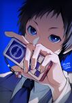  1boy absurdres black_hair blue_background blue_eyes cellphone choppy_bangs dated durarara!! english_text eromkk highres holding holding_phone looking_at_viewer male_focus necktie phone ryuugamine_mikado school_uniform short_hair signature twitter_username upper_body 