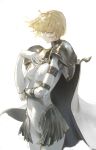  1girl absurdres armor blonde_hair bodysuit breasts cape clare_(claymore) claymore_(series) cowboy_shot dino_(dinoartforame) faulds frown grey_skirt hand_on_own_chest highres looking_at_viewer medium_breasts pauldrons short_hair shoulder_armor simple_background skirt solo swept_bangs white_background white_bodysuit white_cape yellow_eyes 