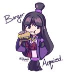  1girl ace_attorney black_hair brown_eyes burger eating english_commentary english_text fehden food highres holding holding_food jewelry long_hair magatama magatama_necklace maya_fey necklace ponytail simple_background solo sparkle white_background 