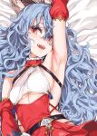  1girl animal_ears armpits asanagi bed_sheet blue_hair breasts detached_sleeves erune fangs ferry_(granblue_fantasy) ferry_(santa_minidress)_(granblue_fantasy) granblue_fantasy hair_between_eyes highres long_hair looking_at_viewer lying medium_breasts official_alternate_costume on_back open_mouth orange_eyes red_sleeves solo teeth underboob upper_teeth_only 