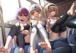  3girls azur_lane bare_shoulders barefoot black_hairband black_jacket black_pants black_sports_bra blonde_hair blue_eyes blunt_bangs blush breasts cleavage gym gym_uniform hair_between_eyes hairband heaven&#039;s_melody high_ponytail highres indoors jacket kersaint_(azur_lane) kersaint_(reverent_runner)_(azur_lane) large_breasts long_hair looking_at_viewer lyon_(azur_lane) lyon_(paired_exercise)_(azur_lane) multiple_girls off_shoulder official_alternate_costume open_mouth painleve_(azur_lane) painleve_(team_stretching)_(azur_lane) panties pants purple_hair red_eyes short_hair sitting smile sports_bra sportswear sweat toes twintails underwear white_panties white_pants white_sports_bra window yoga_pants 