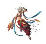  1girl abs armlet breasts cleavage dagr_(fire_emblem) dagr_(winds_offered)_(fire_emblem) damaged fire_emblem fire_emblem_heroes grey_hair hand_fan medium_breasts midriff muscular muscular_female non-web_source official_alternate_costume official_art paper_fan sandals solo tassel tiara torn uchiwa white_background 