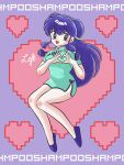  1girl blush breasts character_name comcom9909 happy heart heart_hands highres invisible_chair open_mouth purple_background purple_hair ranma_1/2 retro_artstyle shampoo_(ranma_1/2) signature sitting solo takahashi_rumiko_(style) 