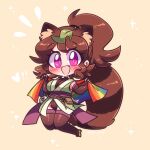  1girl animal_ears blush breasts brown_gloves brown_hair brown_thighhighs chibi cleavage elbow_gloves fang fingerless_gloves flag gloves highres holding holding_flag large_breasts leaf leaf_on_head littlecloudie looking_at_viewer open_mouth original pink_eyes raccoon_ears raccoon_girl raccoon_tail rainbow_flag short_hair short_ponytail smile solo tail thighhighs 