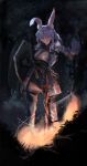  1girl absurdres animal_ears armor belt blue_hair bonfire_(dark_souls) braid carrot_hair_ornament chainmail coiled_sword cuirass dark_souls_(series) dark_souls_i faulds food-themed_hair_ornament hair_ornament highres holding holding_shield hololive long_hair looking_at_viewer mixed-language_commentary multicolored_hair papon parted_hair rabbit_ears red_eyes shield sidelocks smile solo sword twin_braids twintails two-tone_hair usada_pekora weapon white_hair 
