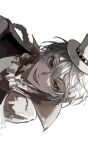  1boy black_jacket braid bungou_stray_dogs collared_jacket green_eyes grey_hair hair_between_eyes hat heterochromia highres jacket long_hair looking_at_viewer male_focus nikolai_gogol_(bungou_stray_dogs) open_mouth scar scar_across_eye scar_on_face shirt sidelocks simple_background single_braid smile solo star_(symbol) star_in_eye symbol_in_eye upper_body user_wjpu7573 white_background white_headwear yellow_eyes 