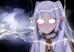  1girl capelet closed_mouth cloud earrings frieren glowing glowing_eyes highres jewelry lightning mark1019 meme solo sousou_no_frieren thick_eyebrows white_capelet you_should_kill_yourself_now_(meme) 