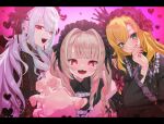  3girls :3 absurdres blonde_hair blunt_bangs blush brown_hair crown fangs frilled_shirt_collar frilled_sleeves frills genderswap genderswap_(mtf) gothic_lolita green_eyes grin hairband hand_on_own_chin highres jacket kuzuha_(nijisanji) lolita_fashion lolita_hairband long_hair long_sleeves looking_at_viewer makaino_ririmu mini_crown multicolored_hair multiple_girls nijisanji off_shoulder open_mouth pink_eyes pink_hair reaching reaching_towards_viewer red_eyes ribbon ringlets sanya_(kuzuha) smile streaked_hair twintails two-tone_hair uzuki_kou very_long_hair virtual_youtuber white_hair yuiitsu 