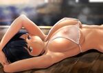  1girl armpits arms_up bare_shoulders bikini black_hair blue_eyes blurry blurry_background blush breasts cleavage collarbone covered_nipples highres kantai_collection large_breasts long_hair looking_at_viewer lying navel on_back revision see-through sideboob solo souryuu_(kancolle) steam swimsuit twintails wa_(genryusui) wet white_bikini wooden_floor 