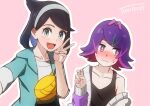  2girls :d black_hair blush bright_pupils cardigan closed_mouth collarbone commentary_request cowlick dot_(pokemon) freckles green_jacket hair_ornament hairband hairclip hand_up jacket liko_(pokemon) looking_at_viewer multiple_girls off_shoulder open_clothes open_jacket outline pink_background pokemon pokemon_(anime) pokemon_horizons purple_cardigan purple_eyes purple_hair selfie shirt sideways_glance signature smile sweatdrop tank_top tau_(tau_1111) v wavy_mouth white_pupils white_shirt yellow_bag 