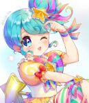  1girl :3 ;d blue_eyes blue_hair blush bow commentary_request dress hair_bun hair_ornament hand_up holding looking_at_viewer multicolored_hair nail_polish one_eye_closed open_mouth pinon_(pripara) pretty_series pripara purple_hair red_bow short_hair sidelocks single_side_bun smile solo star_(symbol) star_hair_ornament streaked_hair striped striped_bow touyama_soboro white_background winding_key yellow_dress yellow_nails 