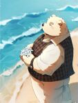  2023 anthro band-aid bandage beach bear black_nose bottomwear clothing detailed_background flower hi_res kemono male mammal metaporin outside overweight overweight_male pants plant polar_bear seaside shirt solo topwear ursine water 