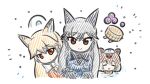  3girls animal_ear_fluff animal_ears appleq black_bow black_hair blonde_hair blue_jacket bow brown_eyes brown_hair capybara_(kemono_friends) capybara_ears closed_mouth commentary_request ezo_red_fox_(kemono_friends) fox_ears grey_hair hair_between_eyes highres jacket kemono_friends long_hair multicolored_hair multiple_girls orange_jacket peeking_out silver_fox_(kemono_friends) smile towel towel_on_head two-tone_hair very_long_hair water white_background white_bow 